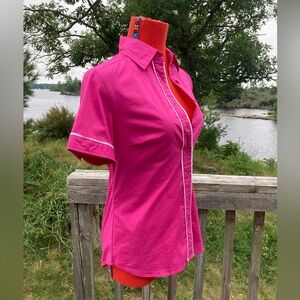 Vintage Y2K Alfred Sung Button Up Bowling Shirt Bright Pink Piping 90s does 60s